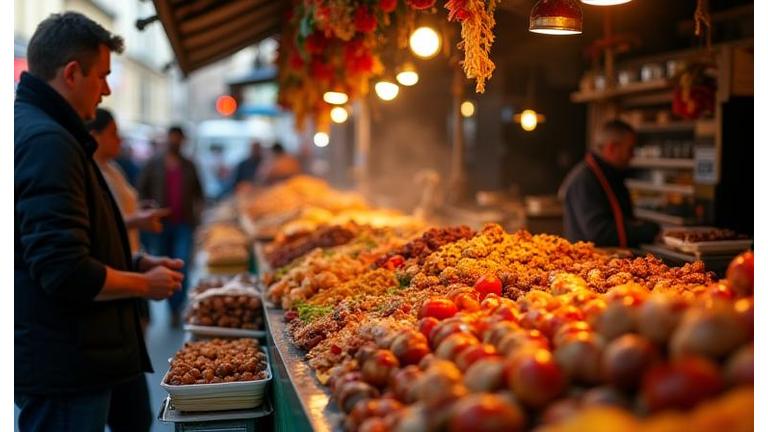 A vibrant street food stall in Cluj-Napoca, bustling with local culinary delights.