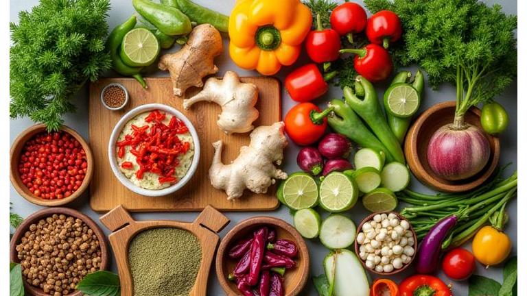 Assorted vibrant ingredients for global cuisine, symbolizing diverse cooking styles.
