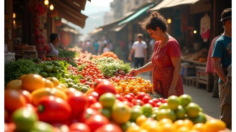 Vibrant local market with fresh produce during a culinary tour.